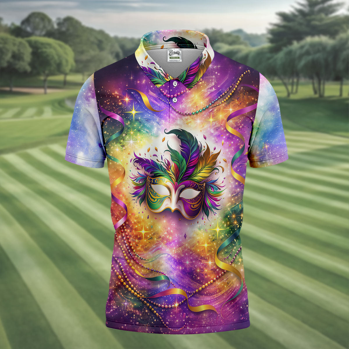 Carnival Mask Feather Print Purple Green Gold Dazzling Effect Mardi Gras Polo ShirtFor Men, Golf Shirts For Men