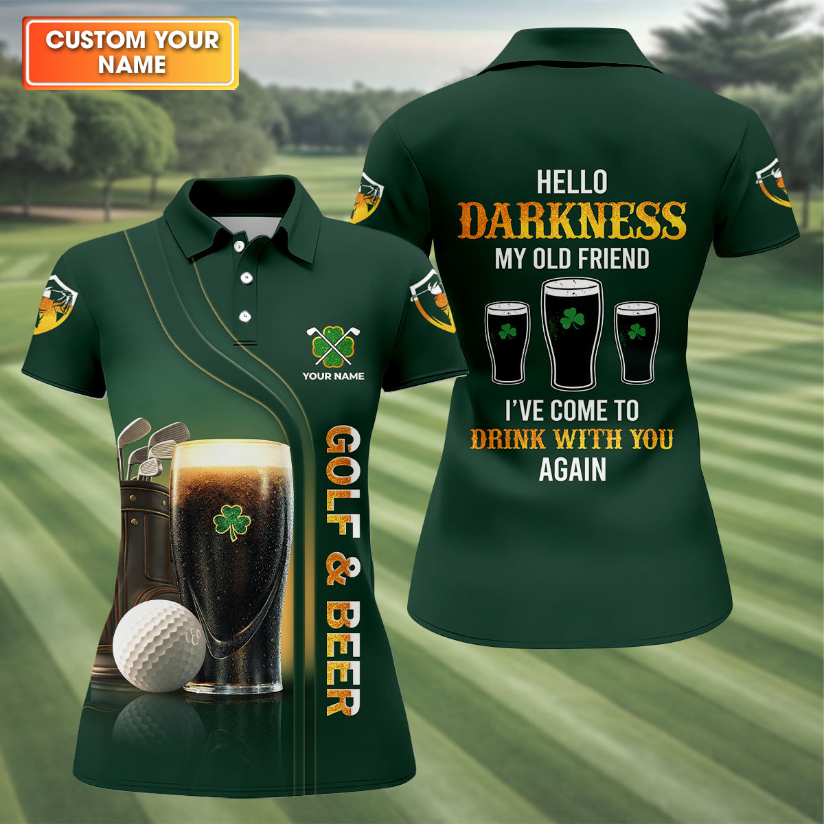 Hello Darkness My Old Friend Golf And Beer St Patrick's Day Green Women's Golf Tops, Ladies Golf Polos