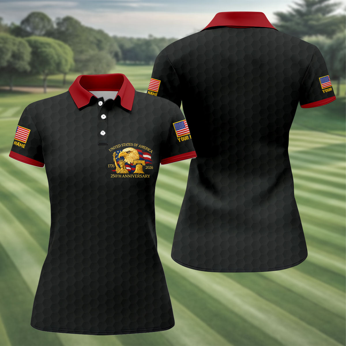 United States 250th Anniversary Patriotic Eagle Black Custom Golf Shirts, 4th Of July Golf Shirt For Women