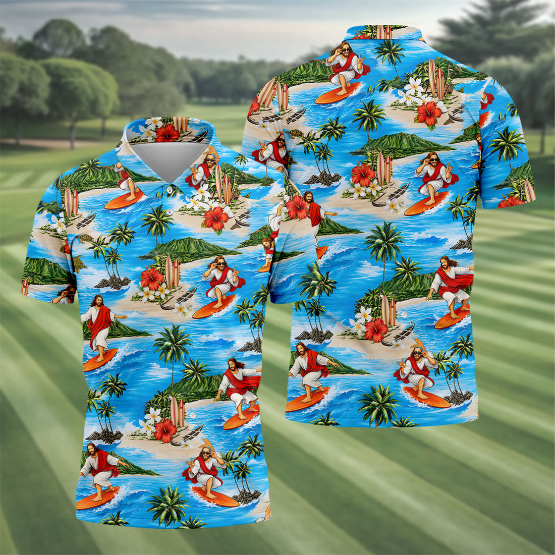 Funny Beach Surfer Jesus Hawaiian Golf Shirt, Mens Golf Polo, Printed Golf Shirts