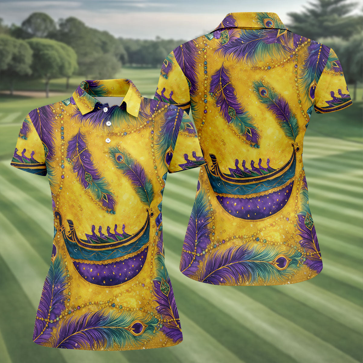 Mardi Gras Day Gradient Art Feather Print Retro Women's Golf Tops, Ladies Golf Shirts