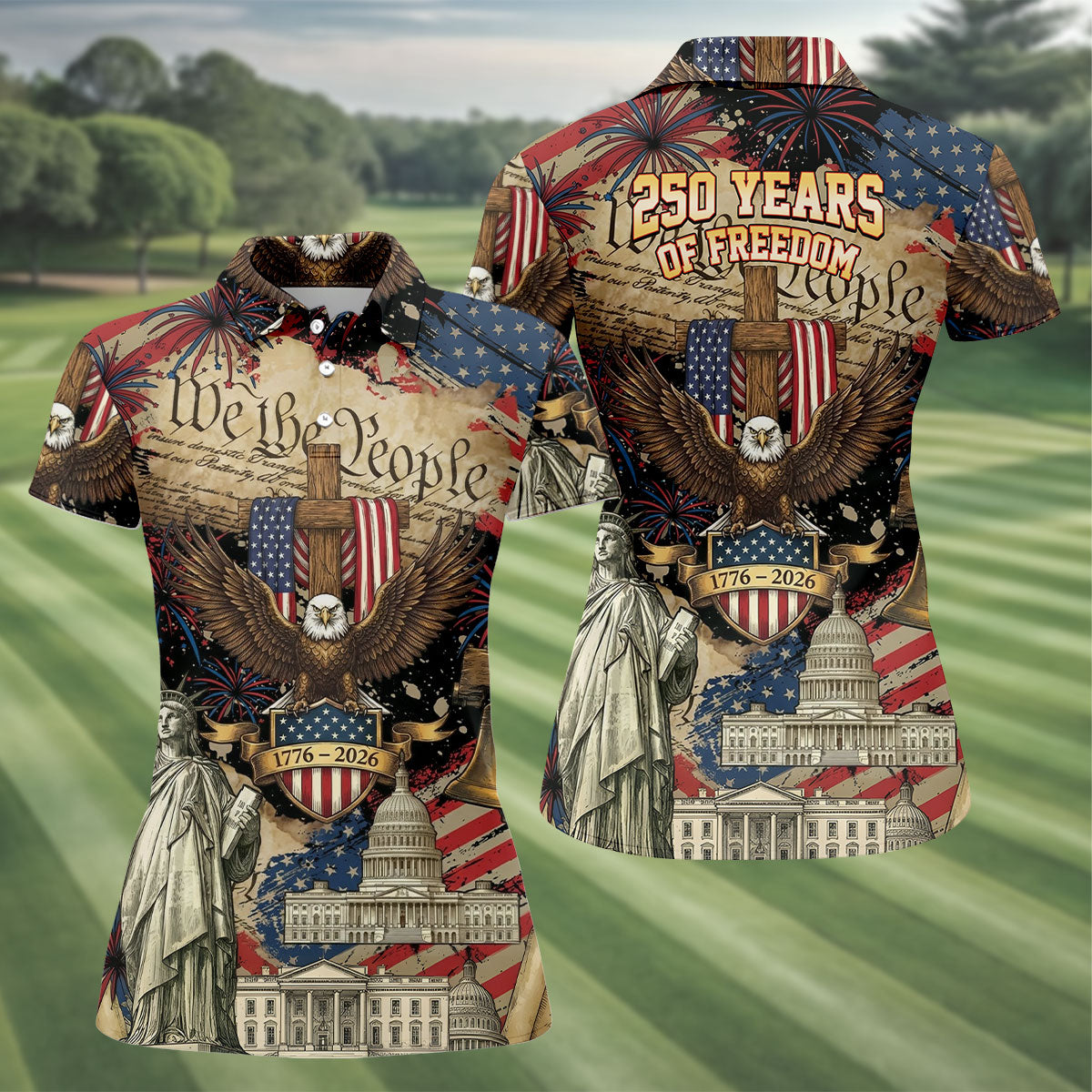 Patriotic Eagle Statue Of Liberty We The People 250 Years Ladies Golf Tops, 4th Of July Golf Shirt For Women