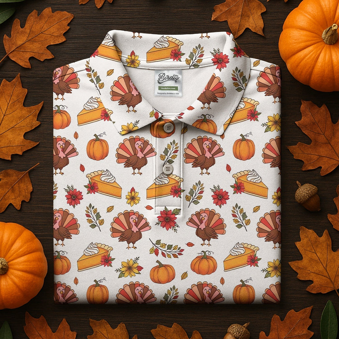 Cute Thanksgiving Turkey Pumpkin Pie Women's Golf Tops, Thanksgiving Golf Gift For Ladies, White Polo Women