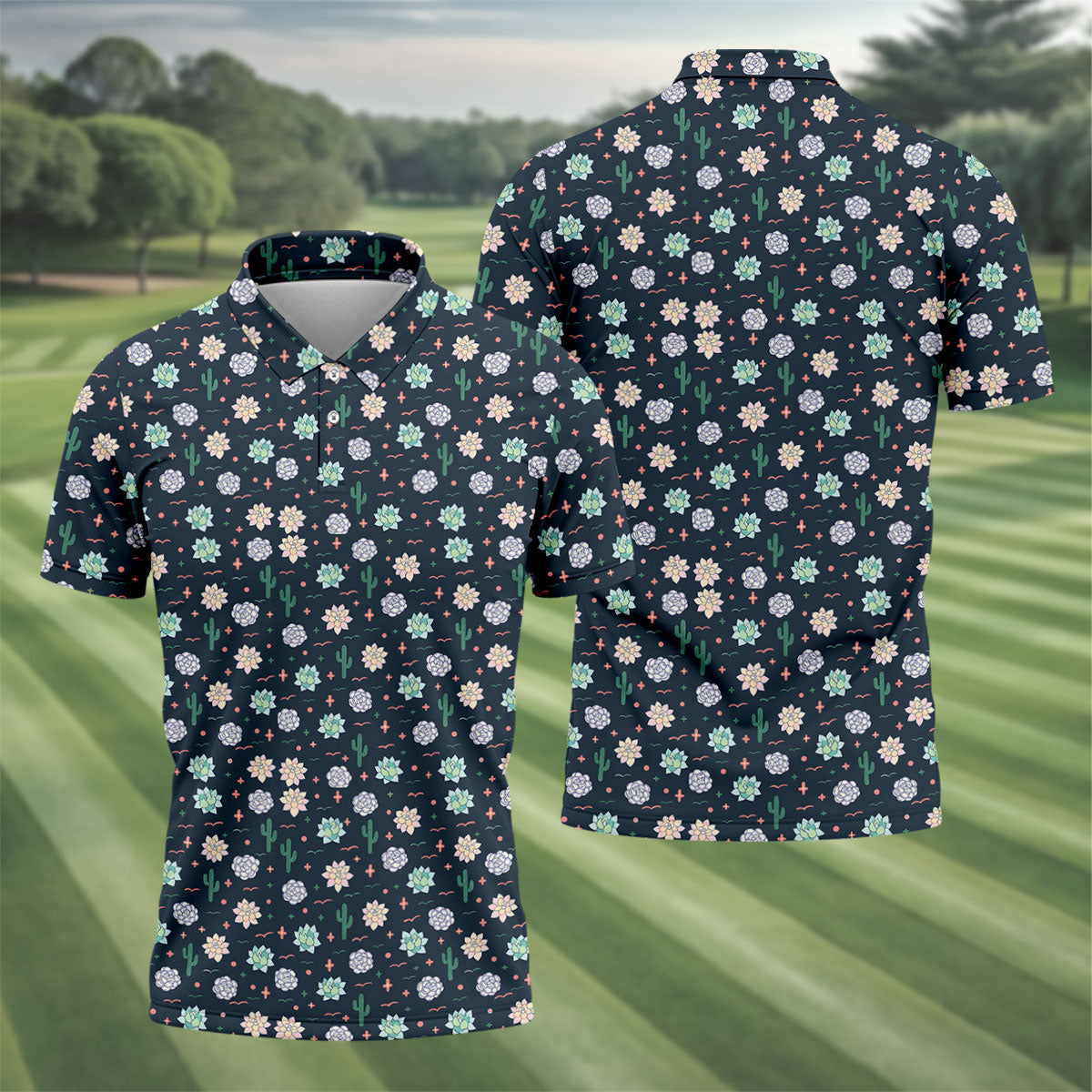 Boho Succulent And Cactus Hawaiian Golf Shirt, Mens Golf Polo, Printed Golf Shirts
