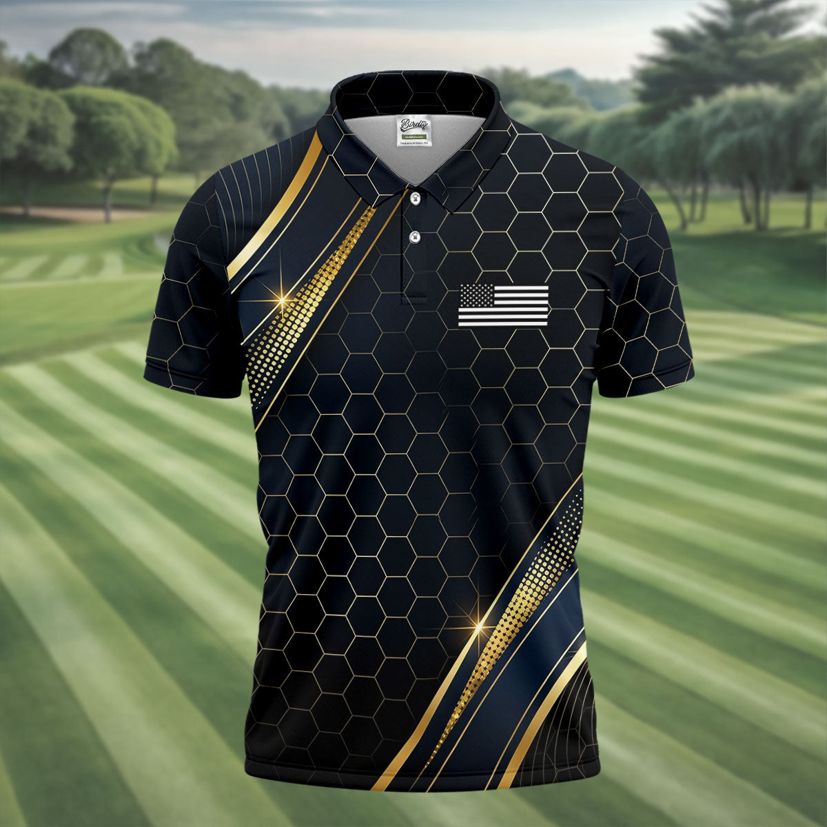 Gold Hexagonal US Flag Logo Retro Golf Shirt, 250 Years Patriotic 4th Of July Golf Shirts For Men