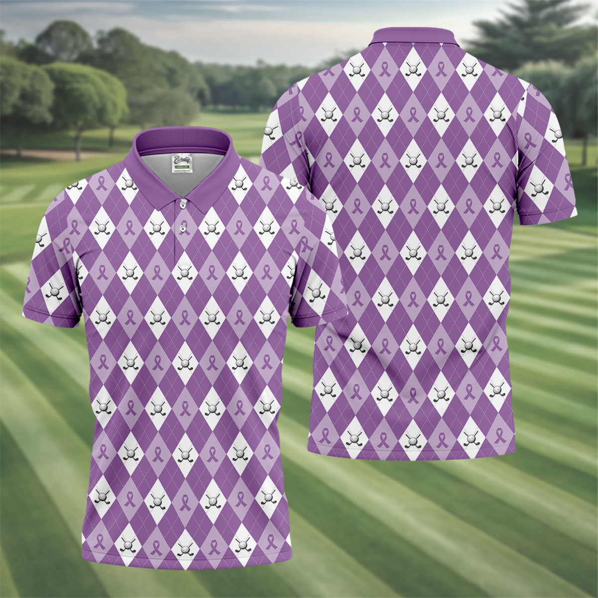 Pancreatic Cancer Purple And White Argyle Pattern Golf Tops For Men, Cancer Awareness Shirt