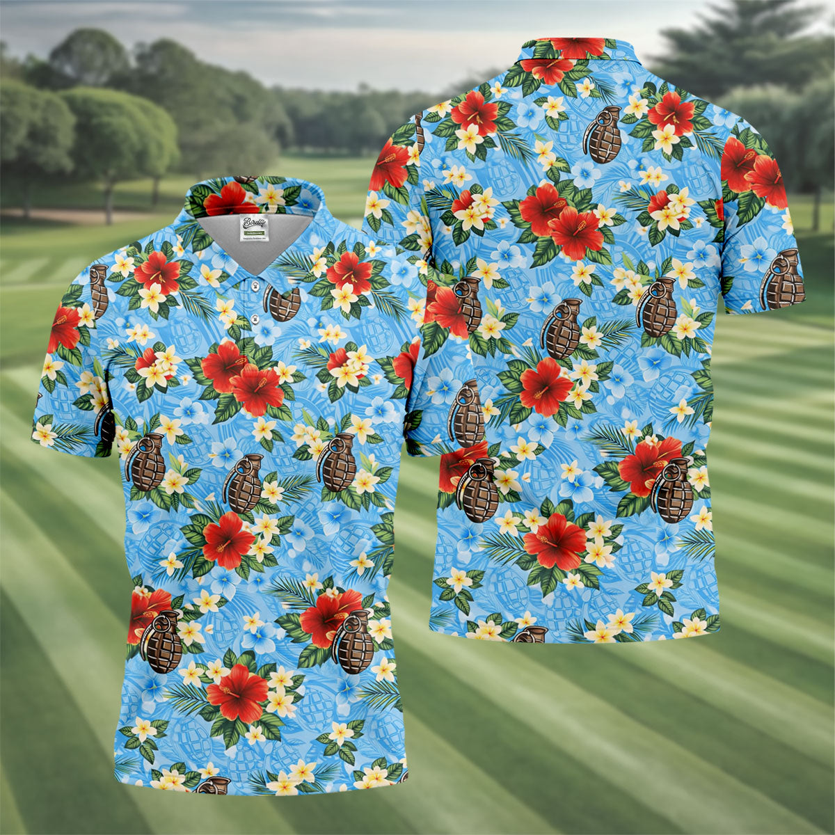 Floral Pattern Army Theme Hawaiian Blue Golf Shirt, Men's Golf Polo ShirtShirts For Men