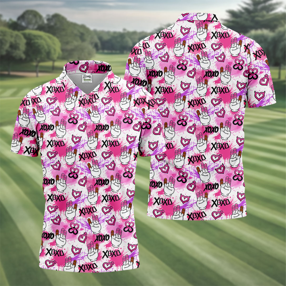 Chocolate Fingers Adult Humor XOXO Pink Splatter Fun Golf Shirts For Men, Valentines Golf Gift, Polo ShirtFor Men
