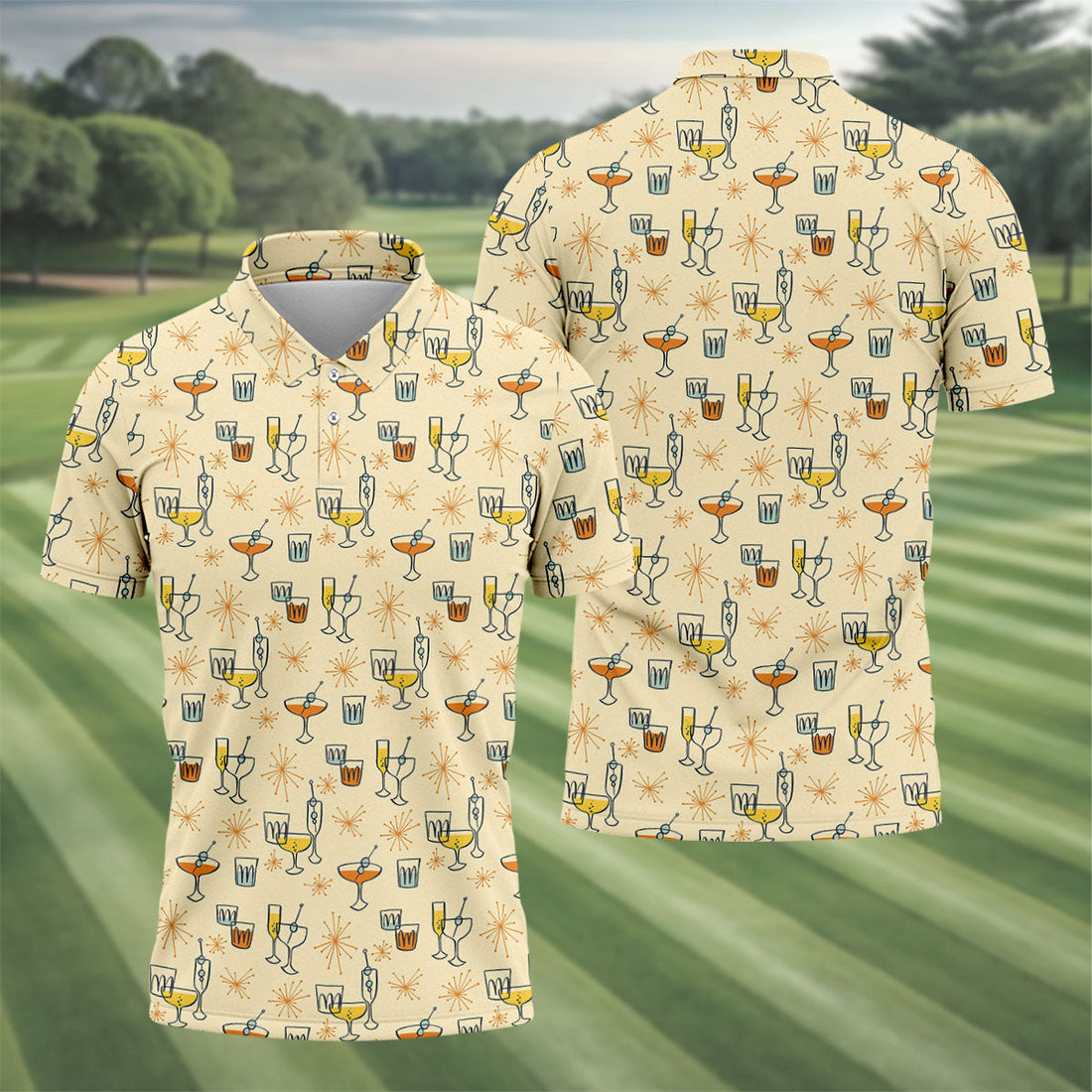 Retro Cocktail Drinks Pattern Golf Polo Shirt, Golf Polo Shirts For Men, Mens Golf Apparel