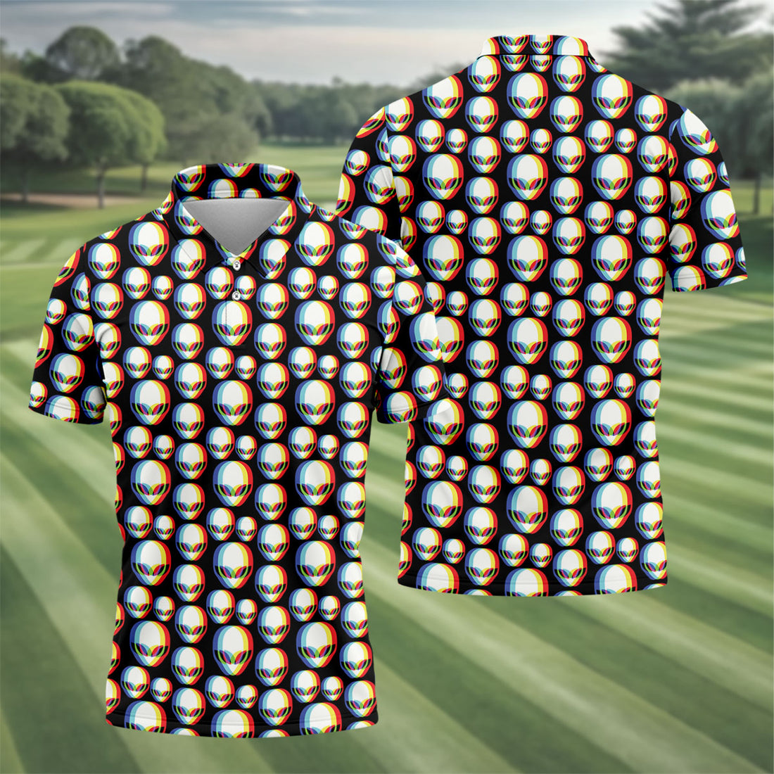 Retro Alien Golf Shirt, Black UFO Pattern Men's Golf Polo, Polo Shirts For Men