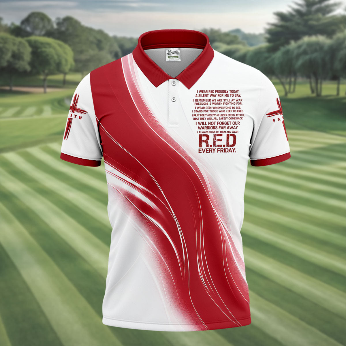 Red Friday Faith Cross Red White Gradient Patriotic Golf Shirt, 250 Years Polo Shirtor Men