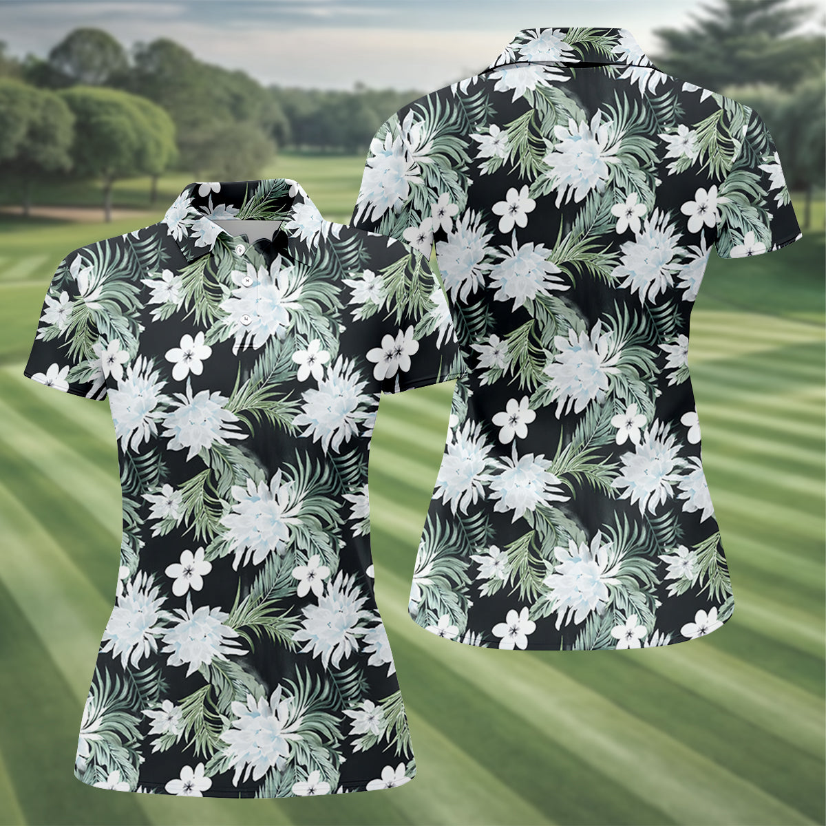 White Flower Tropical Hawaiian Vibe Women's Golf Shirts, Women's Golf Tops, Ladies Golf Shirts