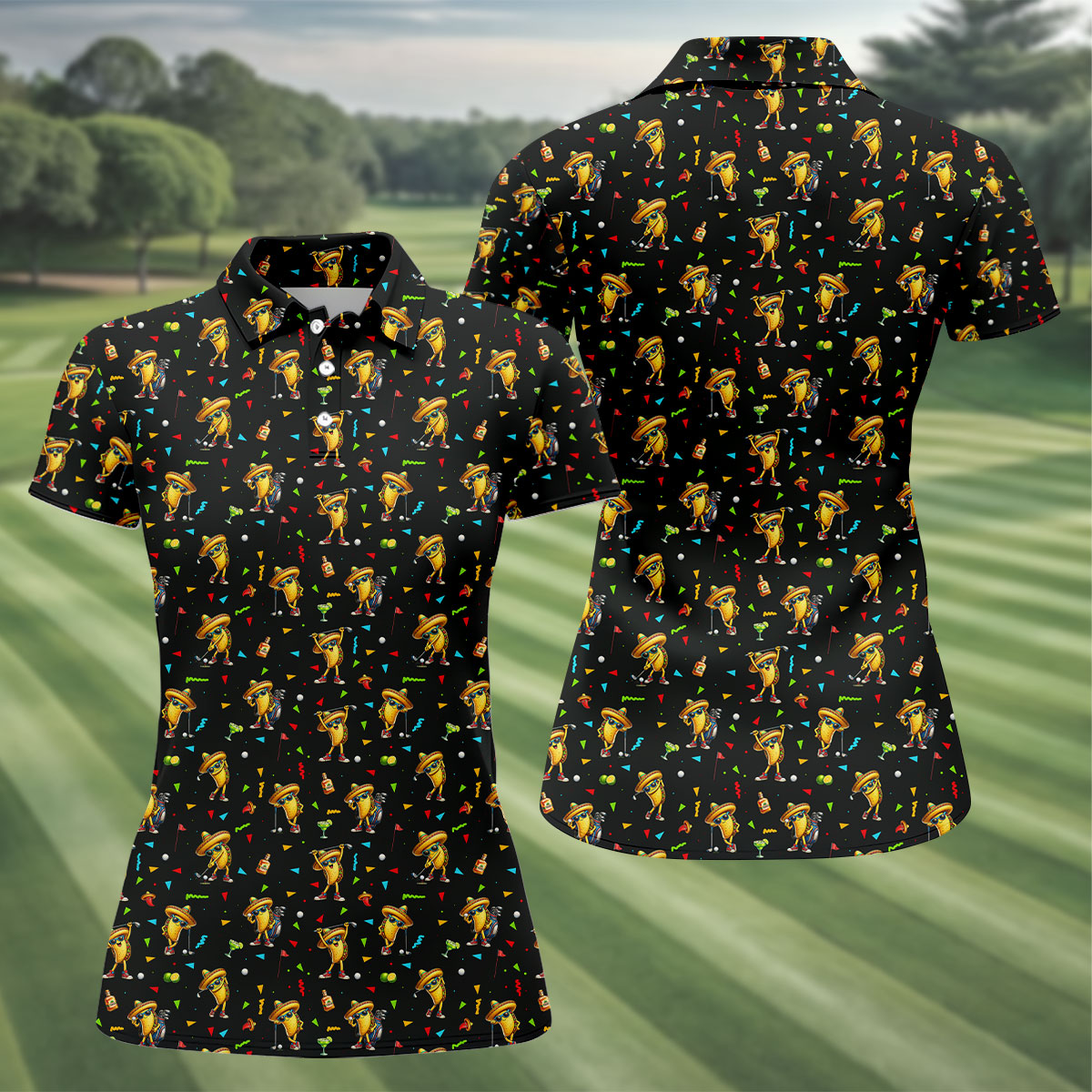 Fairway Fiesta Taco Margarita Mexico Theme Black Golf Shirt, Women Golf Shirts, Ladies Golf Shirt