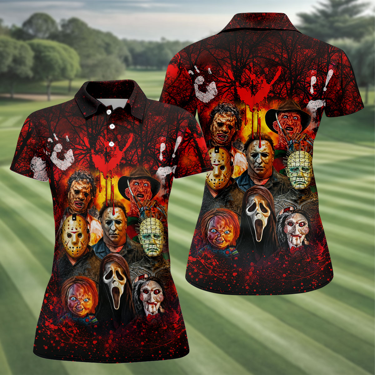 Halloween Horror Character Hawaiian Golf Shirt, Women's Golf Tops, Golf Shirts For Women