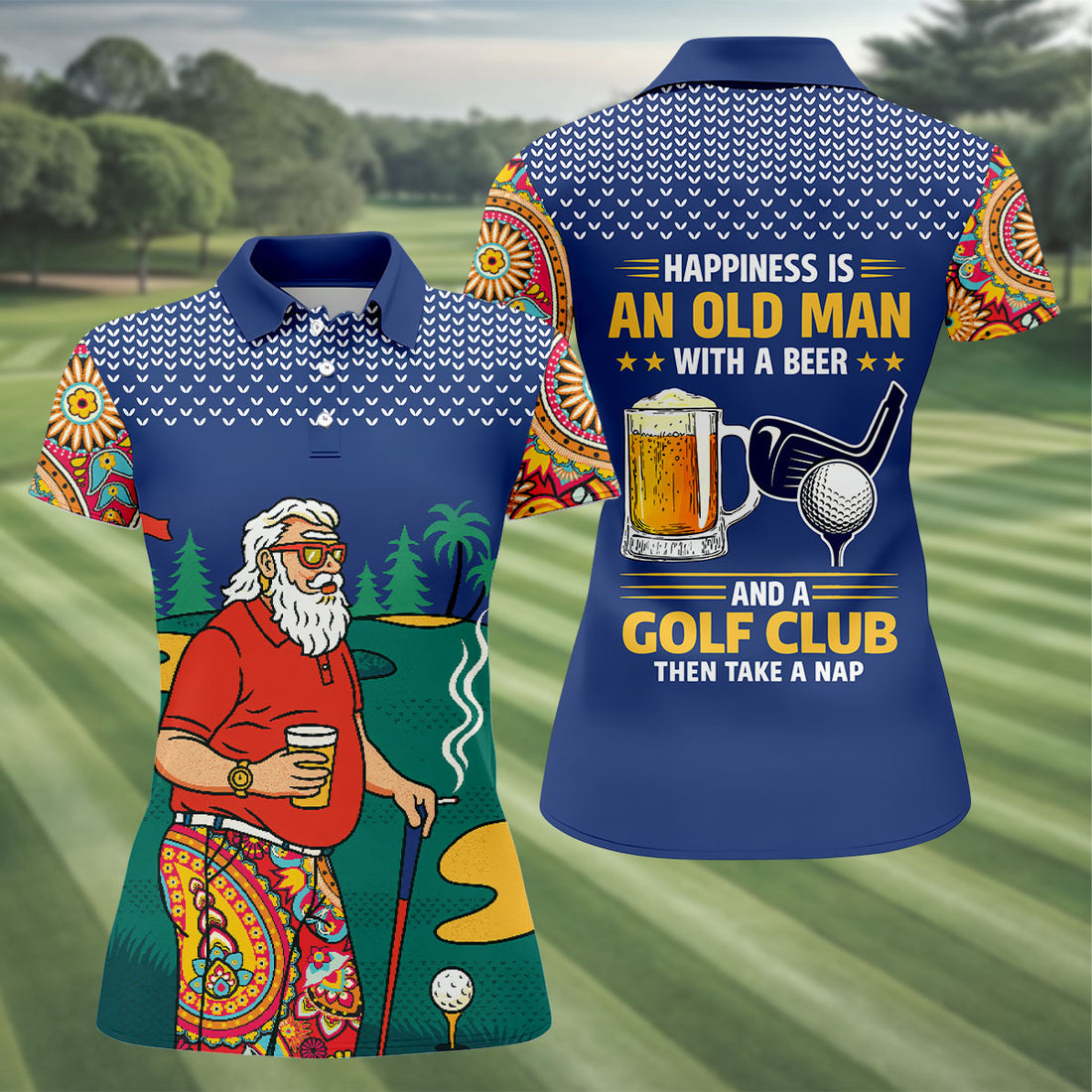 Retro Bearded Golfer Holding Beer Golf Polo Shirt, Women’s Golf Apparel, Ladies Golf Tops