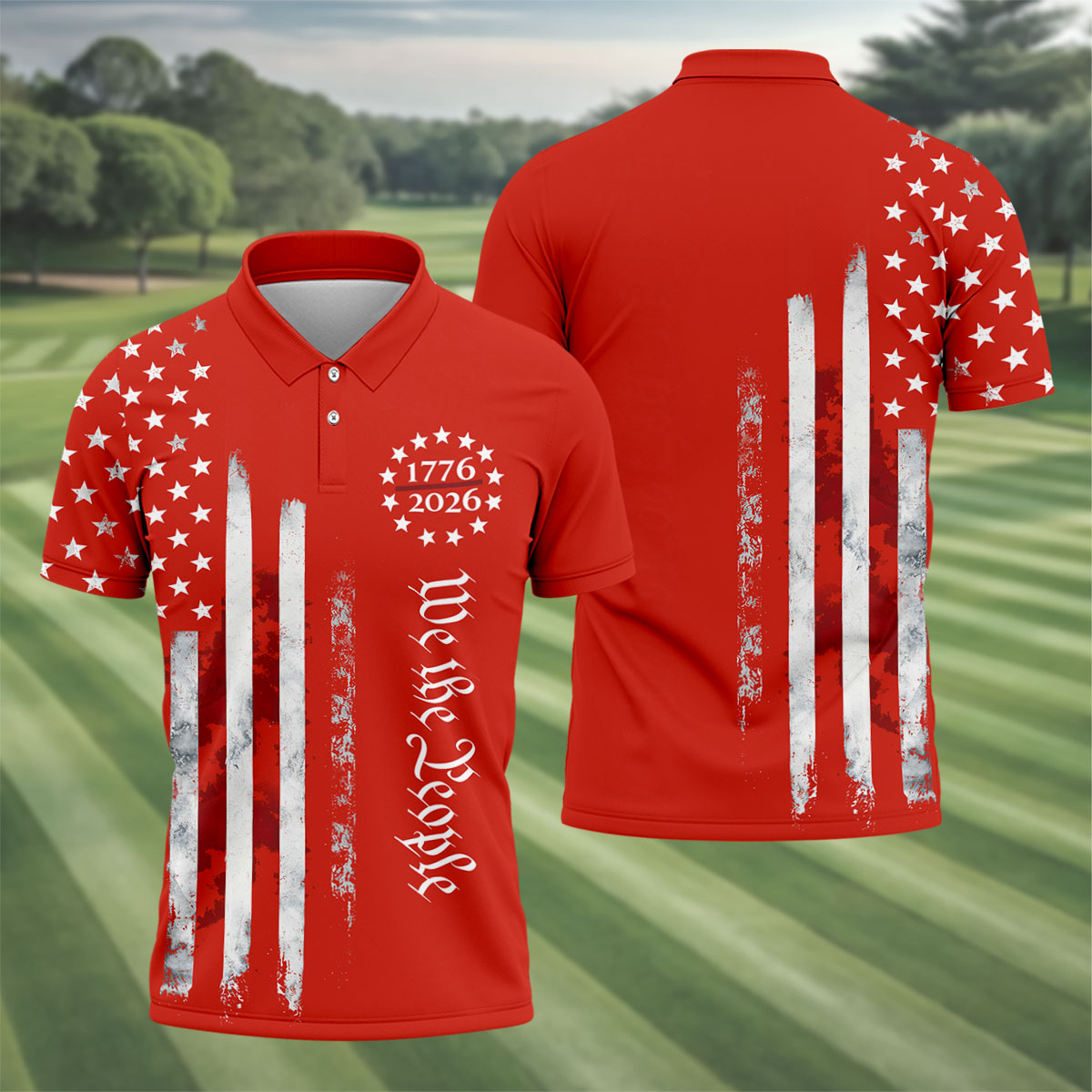 We The People Distressed Flag Patriotic Red Golf Shirt, 250 Years 4th Of July Golf Shirts For Men