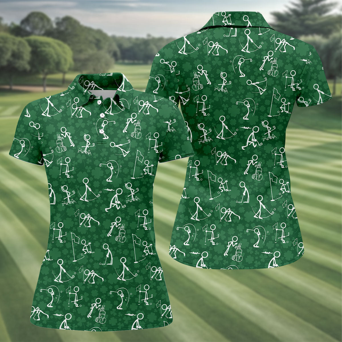 Stick Figure Golf Pose Shamrock Golf Shirt, St Patrick's Day Ladies Golf Polos, Golf Shirt For Women