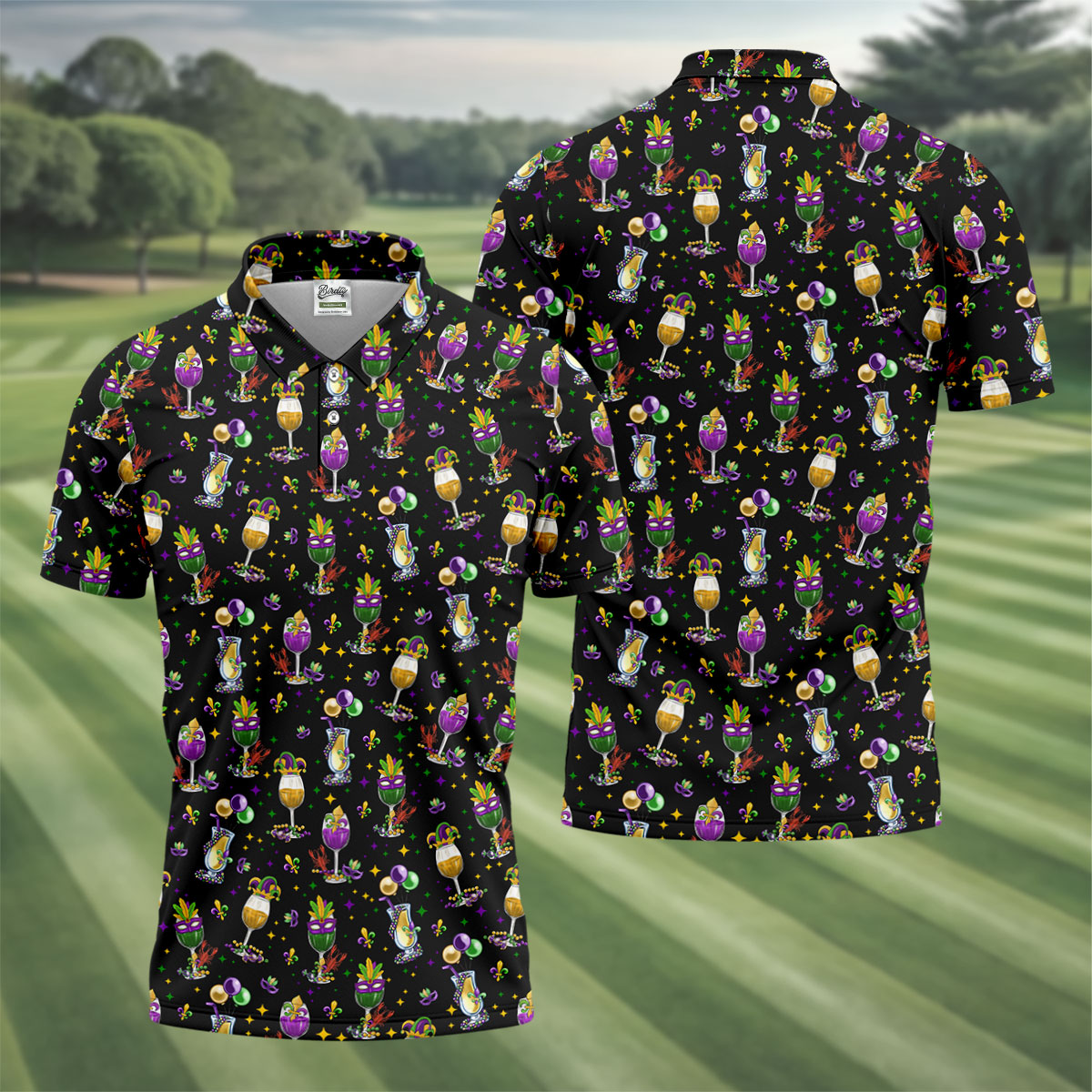 Mardi Gras Wine Glass Beaded Garland Fleur De Lis Black Golf Shirt, Polo ShirtFor Men, Golf Shirts For Men
