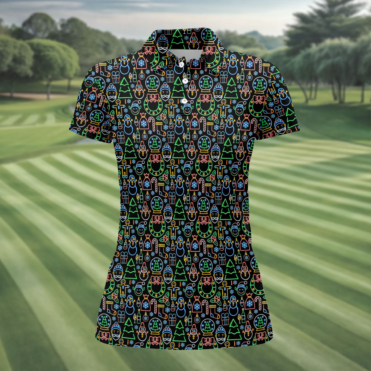 Neon Christmas Retro Style Women's Golf Tops, Christmas Golf Shirt, Ladies Golf Polos, Golf Gift For Ladies