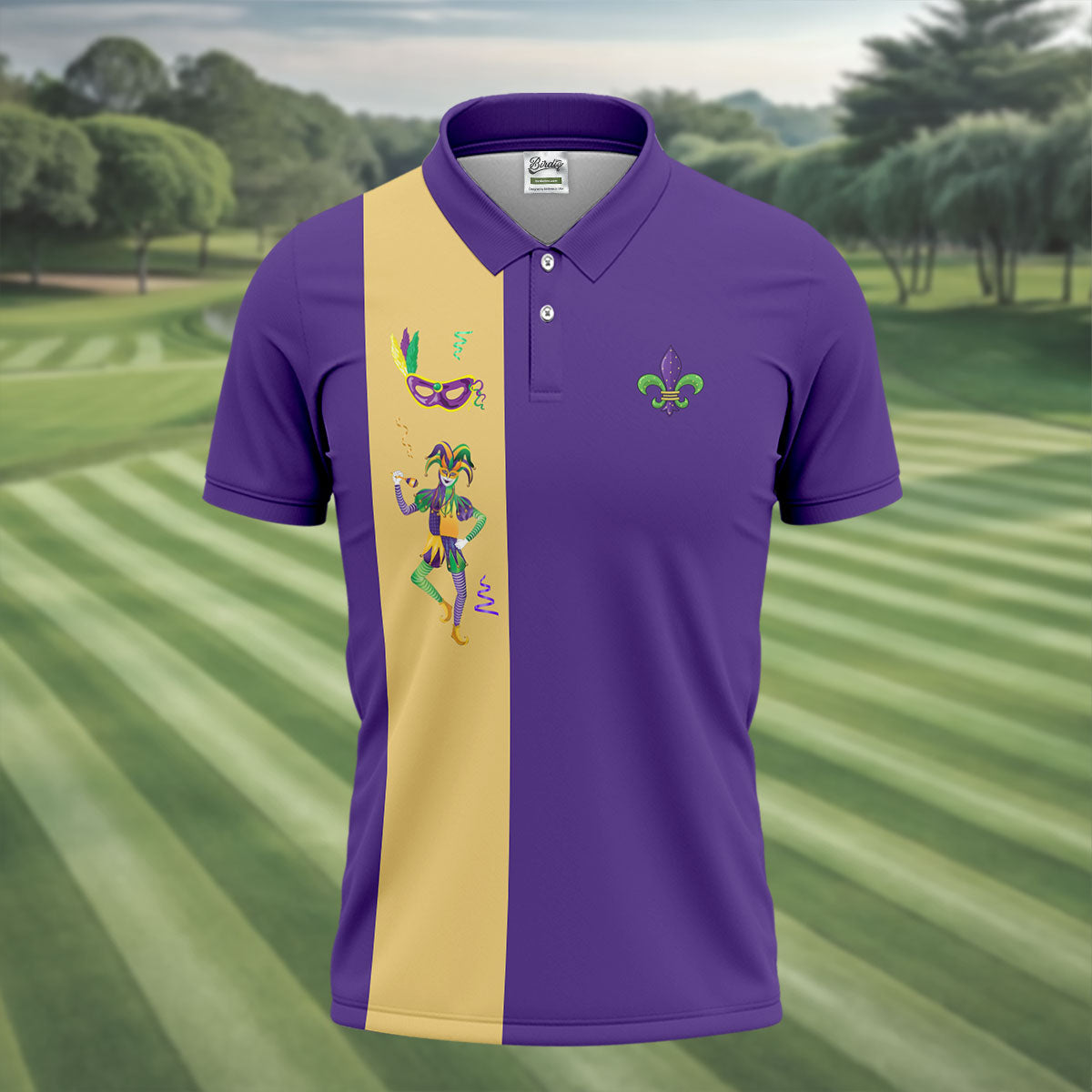 Mardi Gras Festival Jester Figure Fleur De Lis Symbol Purple Golf Shirt, Polo ShirtFor Men, Golf Shirts For Men
