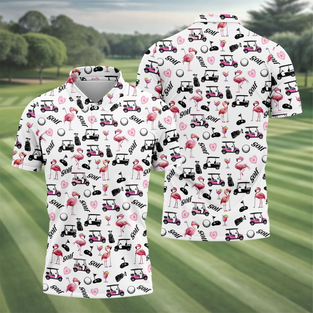 Pink Flamingo Golf Cart Martini Hawaiian Golf Shirt, Mens Golf Polo, Printed Golf Shirts