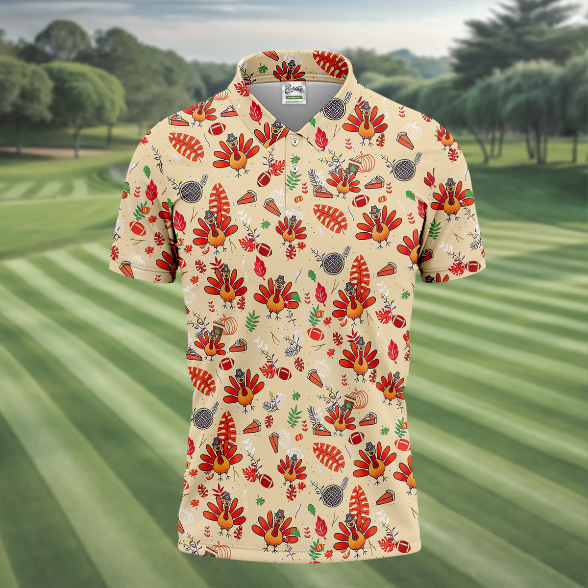 Funny Turkey Hawaiian Pattern Thanksgiving Golf Tops For Men, Fun Golf Shirts For Men, Polo ShirtFor Men
