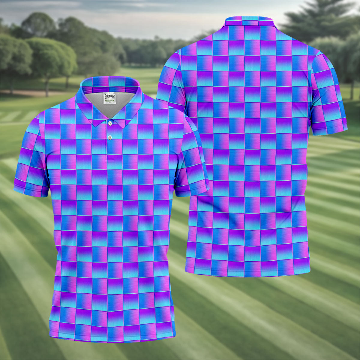 Purple Blue Gradient Checkered Pattern Golf Shirt, Mens Golf Polo, Printed Golf Shirts, Golf Polo Shirts For Men
