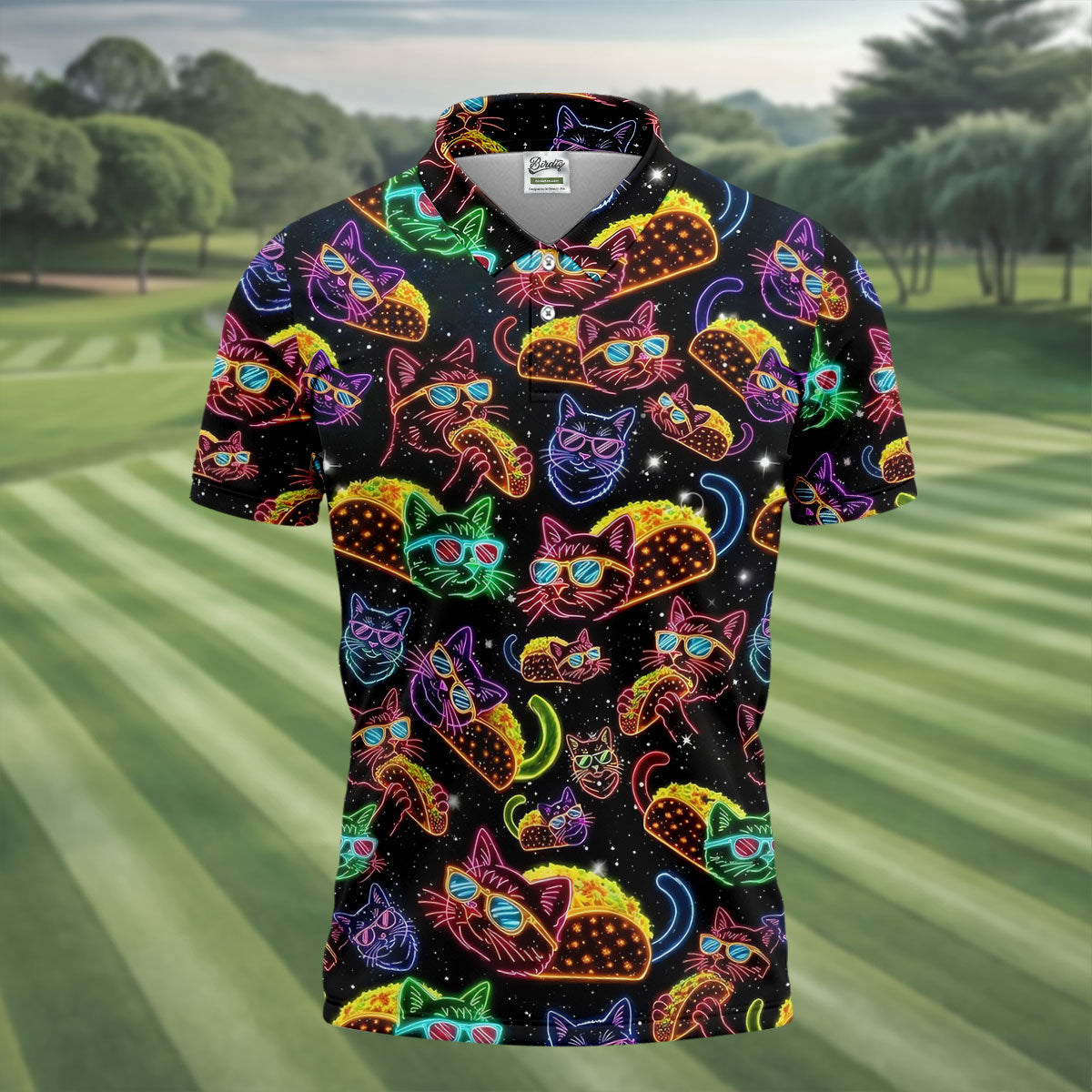 Neon Cat Taco Fiesta Time Hawaiian Golf Shirt, Cinco De Mayo Celebration Golf Shirts For Men