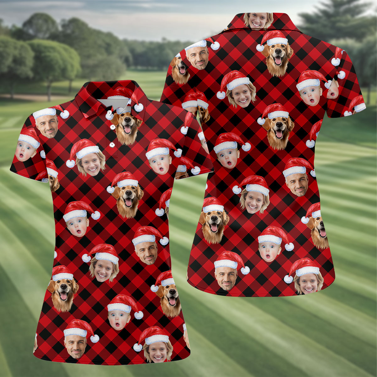 Custom Face Red And Black Checkered Christmas Golf Shirt, Women's Golf Tops, Ladies Golf Shirts