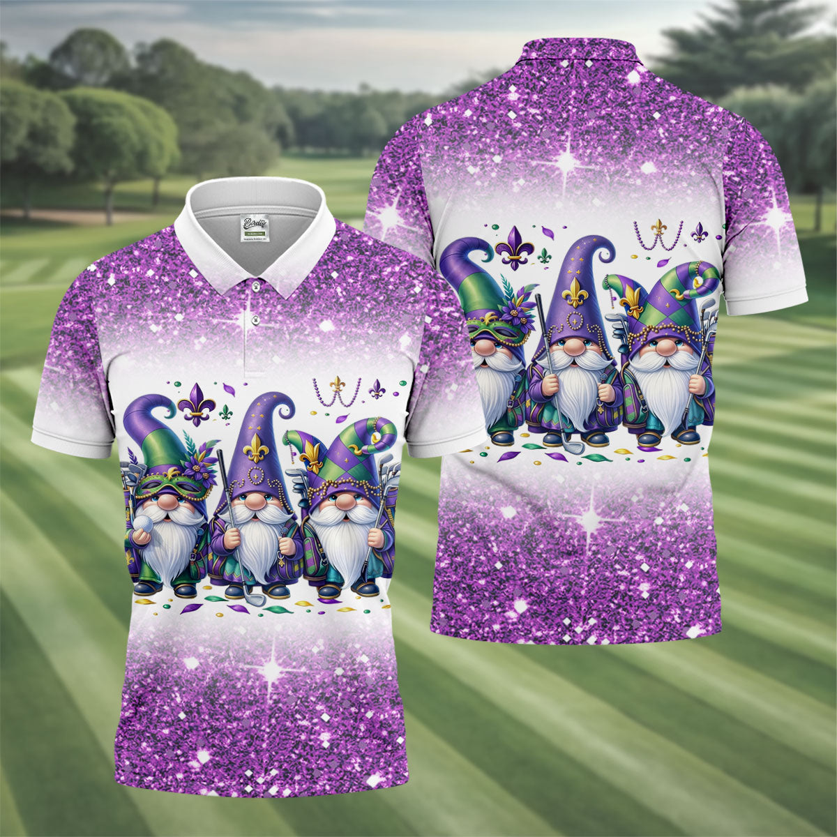 Mardi Gras Gnomes Fleur De Lis Glitter Effect Golf Tops For Men, Polo ShirtFor Men, Golf Shirts For Men