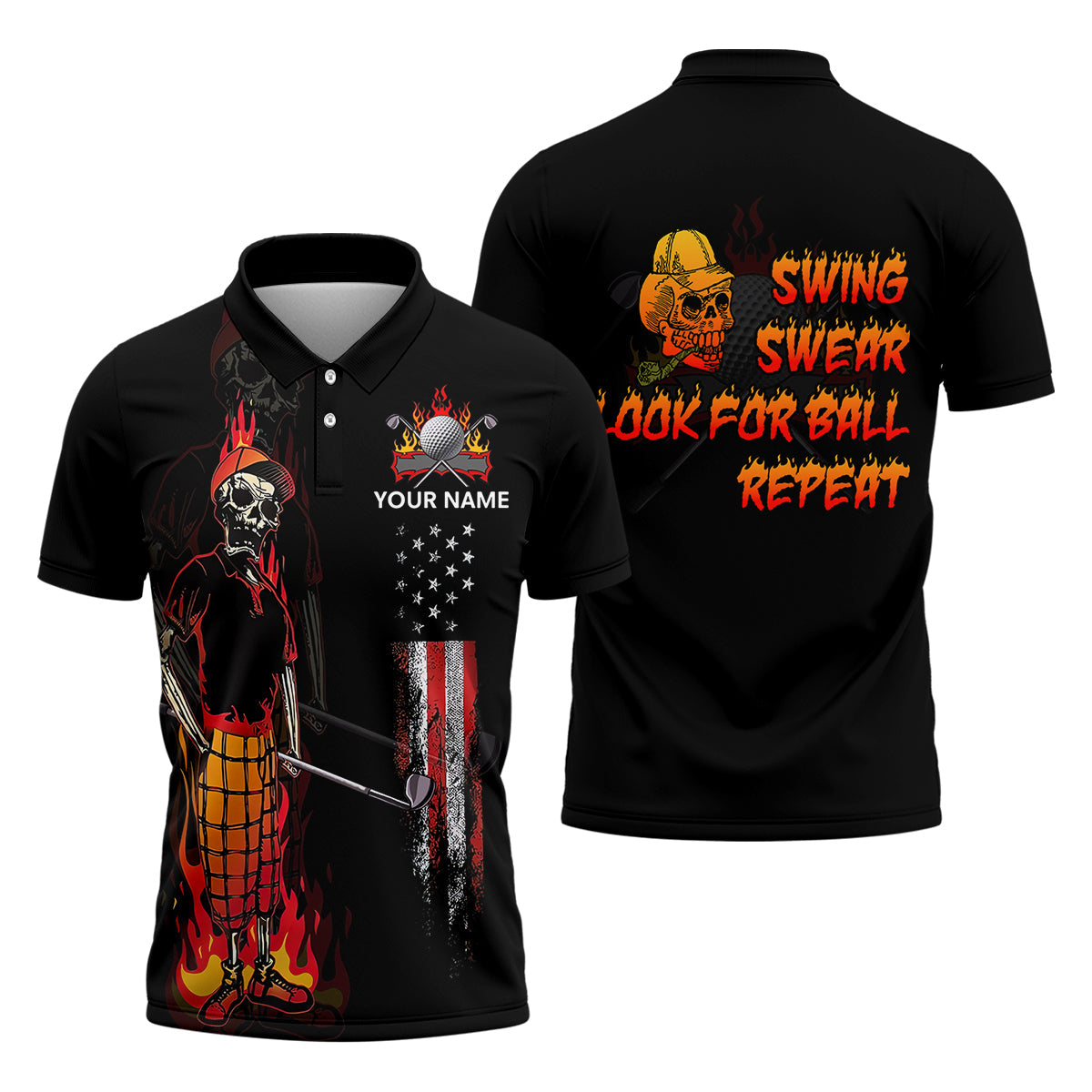 Custom Flaming Skeleton Men's Golf Polo Shirtens Golf Gift, Funny Golf Shirt