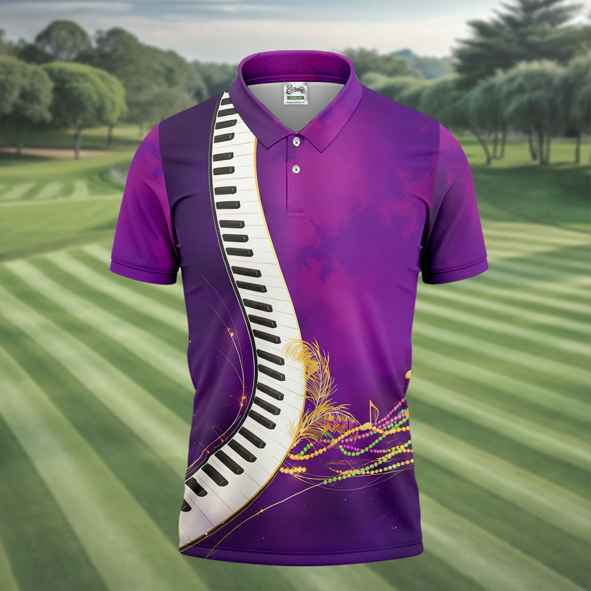 Mardi Gras Feather Beads Piano Keyboard Print Purple Golf Shirt, Polo ShirtFor Men, Golf Shirts For Men