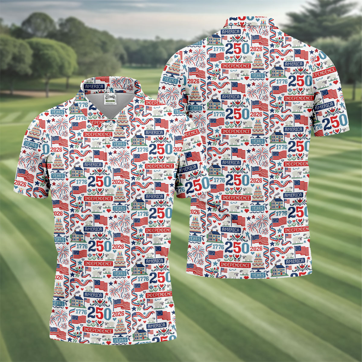 America Independence 250 Years White Golf Shirt, Patriotic 4th Of July Golf Shirts For Men