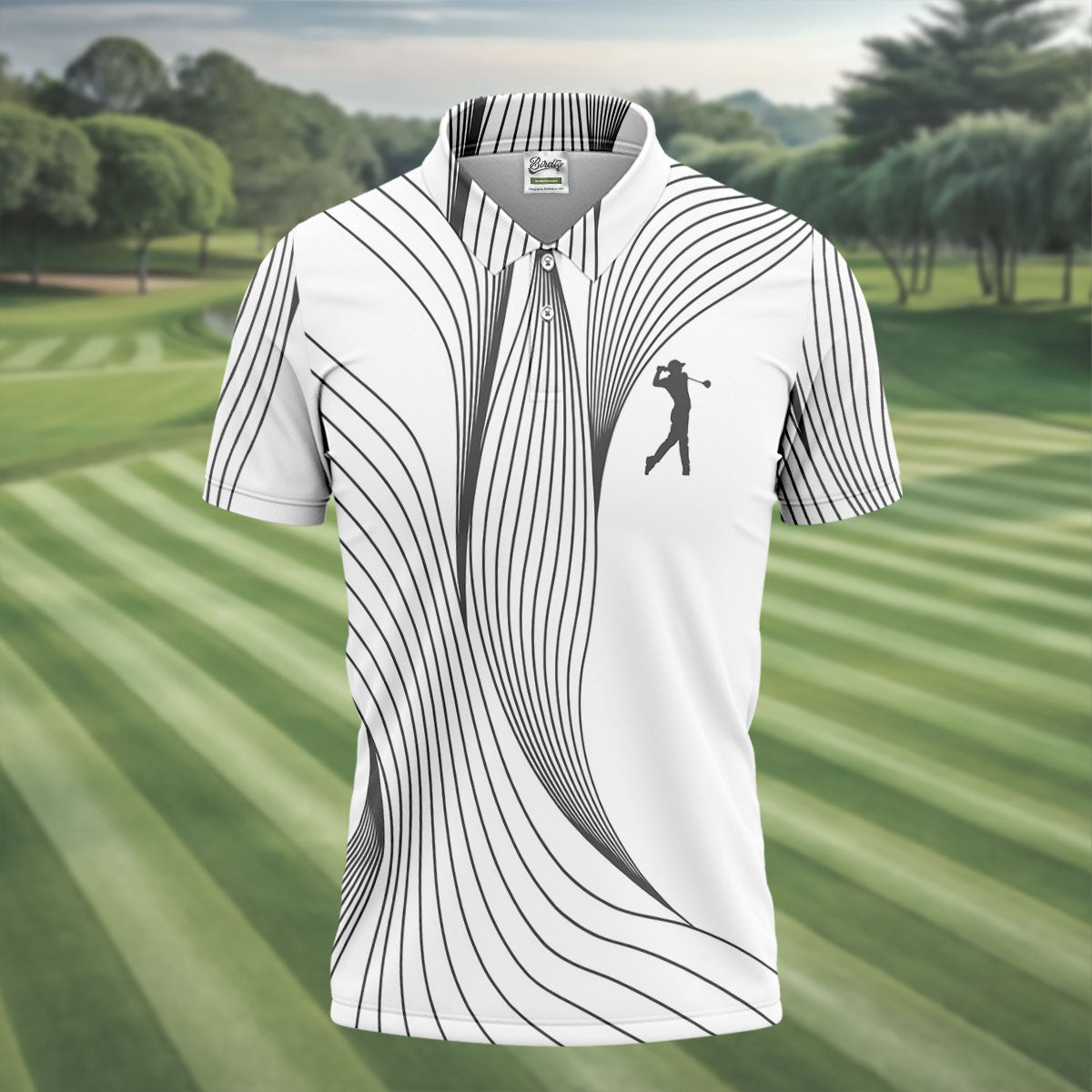 Geometric Line Wavy Line Black And White Golf Shirts For Men, Men's Golf Shirt, Polo ShirtFor Men