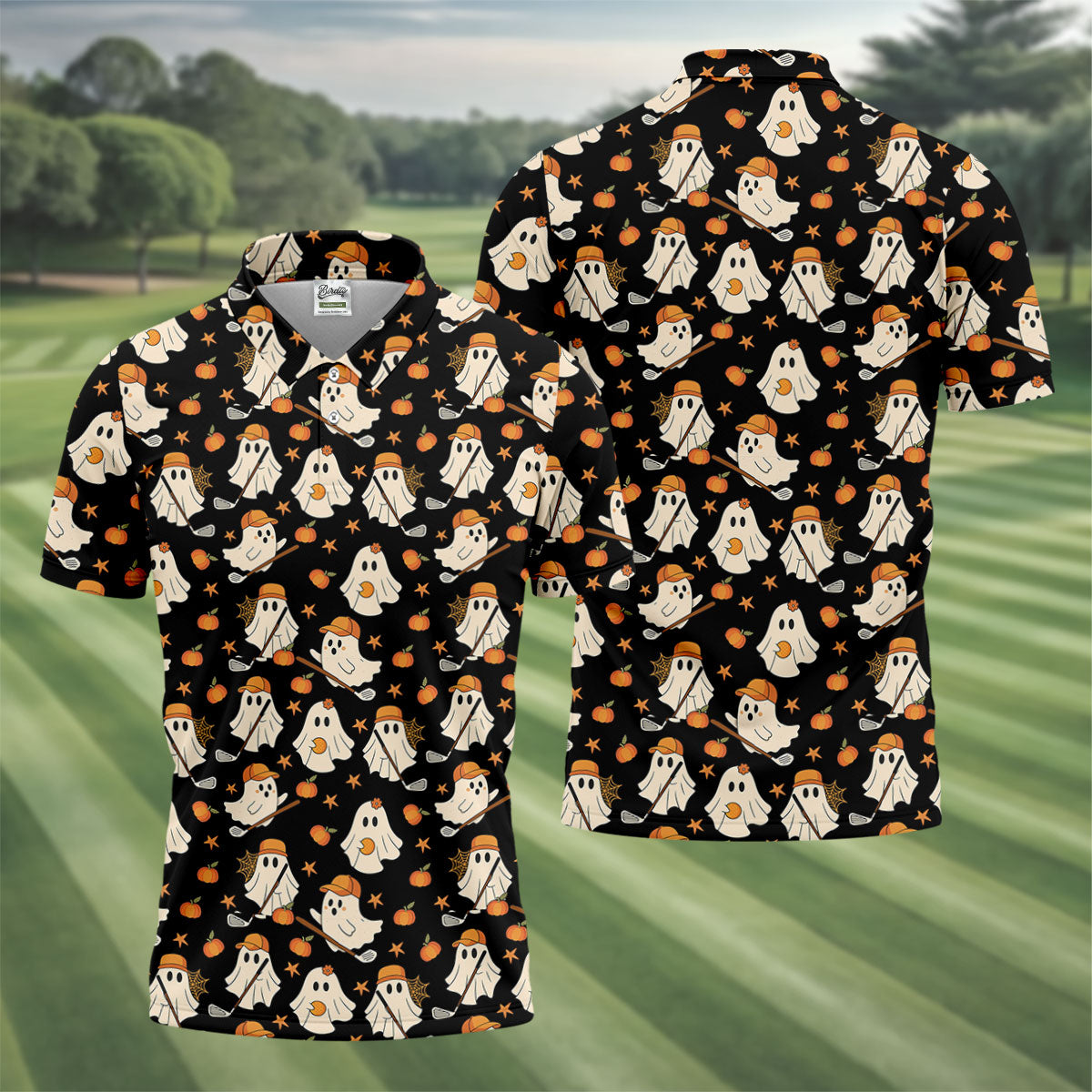 Boo Ghost Cute Pumpkin Halloween Black Golf Shirt, Halloween Gift Idea, Polo ShirtFor Men