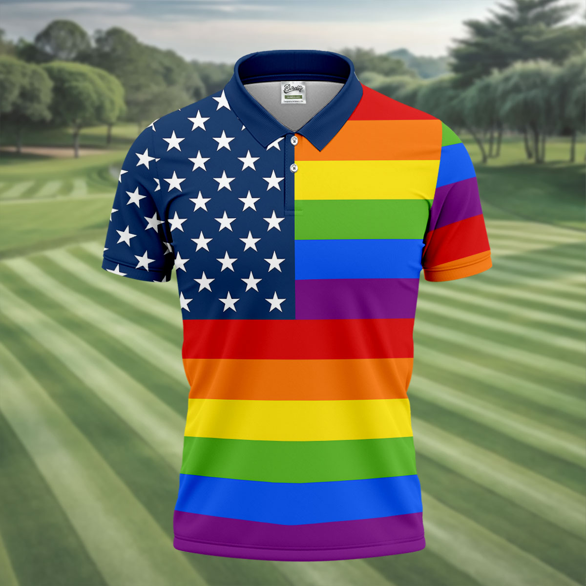 Gay Pride American Flag Golf Tops For Men, Pride Month Golf Shirts For Men