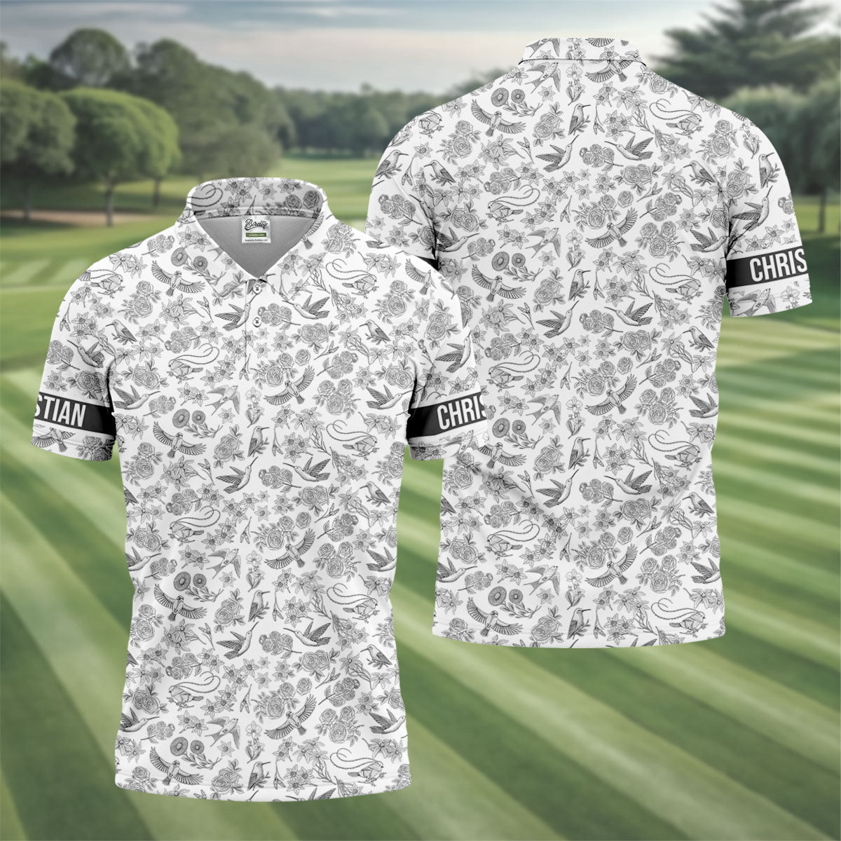 Custom Name Toile de Jouy Birds And Flowers Grey And White Polo ShirtFor Men, Golf Gift For Men