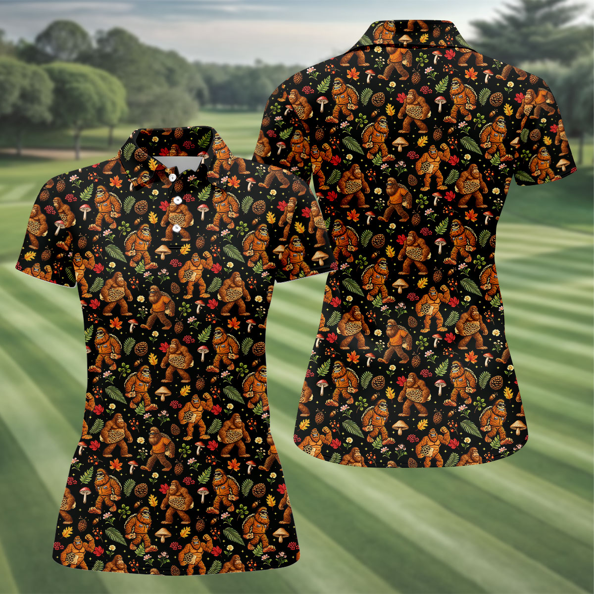 Autumn Bigfoot Forest Pattern Polo Shirt, Women’s Golf Apparel, Hawaiian Golf Shirt, Golf Tops For Women