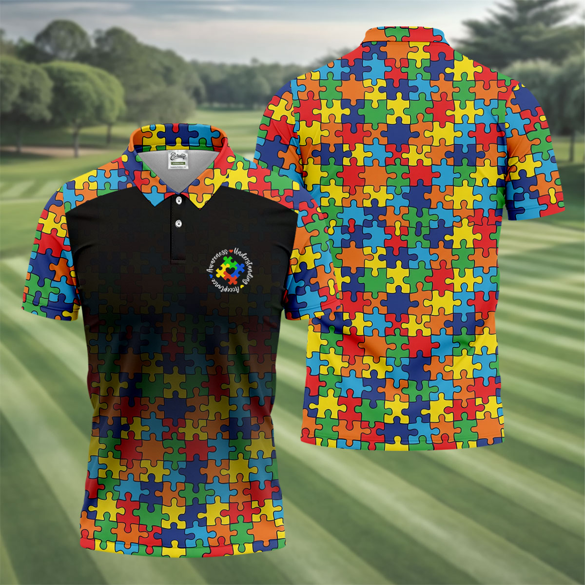 Acceptance Awareness Understanding Autism Awareness Puzzle Pattern Black Fade Golf Shirts For Men