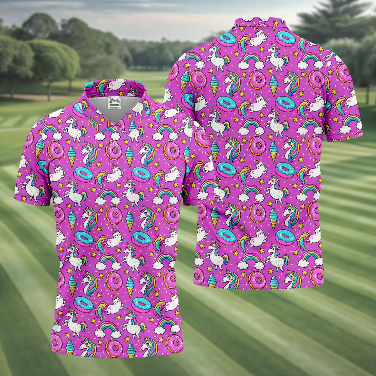 Funny Pink Donut Unicorn Mens Golf Shirts, Polo ShirtFor Men, Cute Golf Outfit, Golfing Apparel