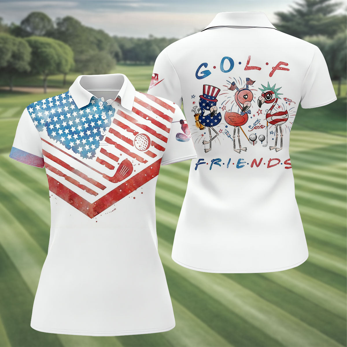 Vintage American Flag Golf Polo Shirt, Ladies Golf Shirts, Golf Polo For Women