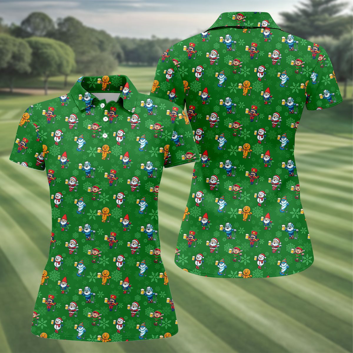Christmas Characters Golf And Beer Green Women's Funny Golf Shirts, Christmas Golf Shirt, Polo ShirtFor Women