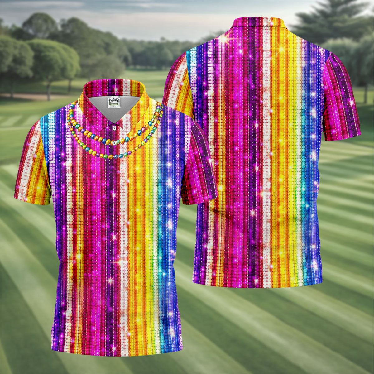 Mardi Gras Sequinned Glitter Print Golf Tops For Men, Polo ShirtFor Men, Golf Shirts For Men