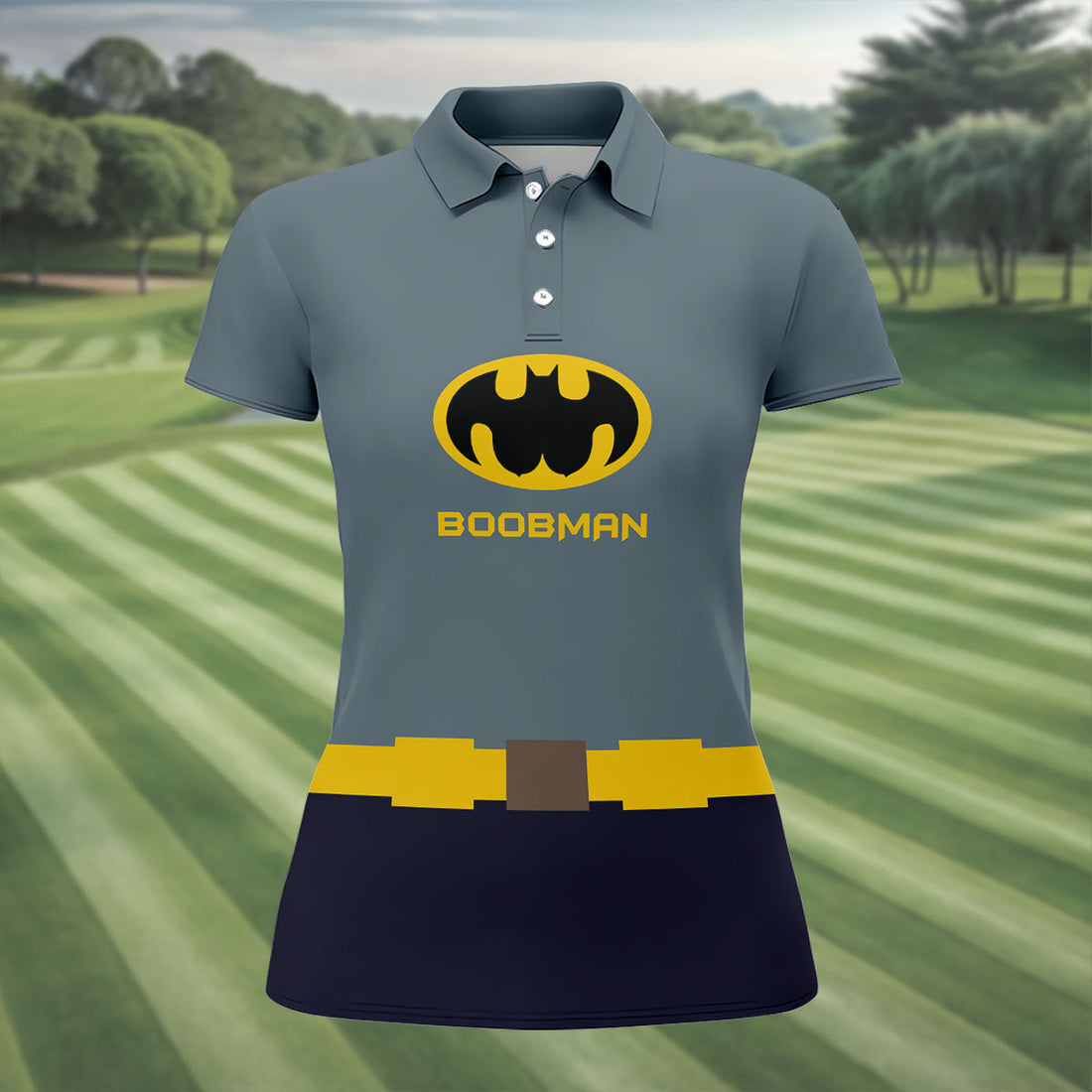 Boobman Comic Hero Logo Sleeveless Golf Shirt, Women's Golf Shirt, Golf Polo For Women, Funny Golf Shirt