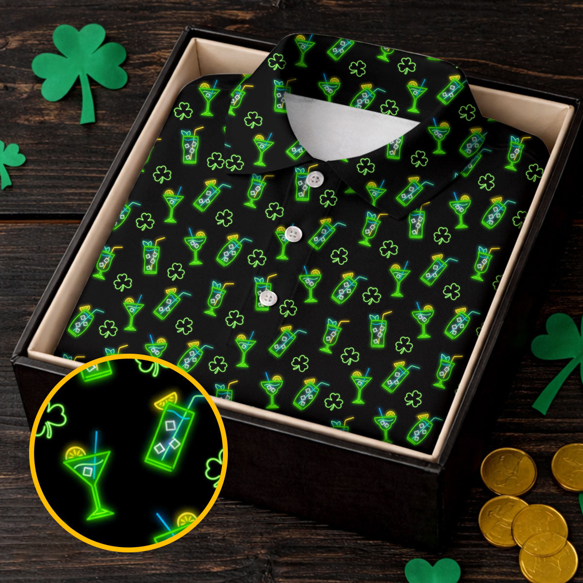 Neon Green Cocktails Three Leaf Clover St Patrick's Day Golf Shirt, Golf Gift For Men, Golf Shirts For Men