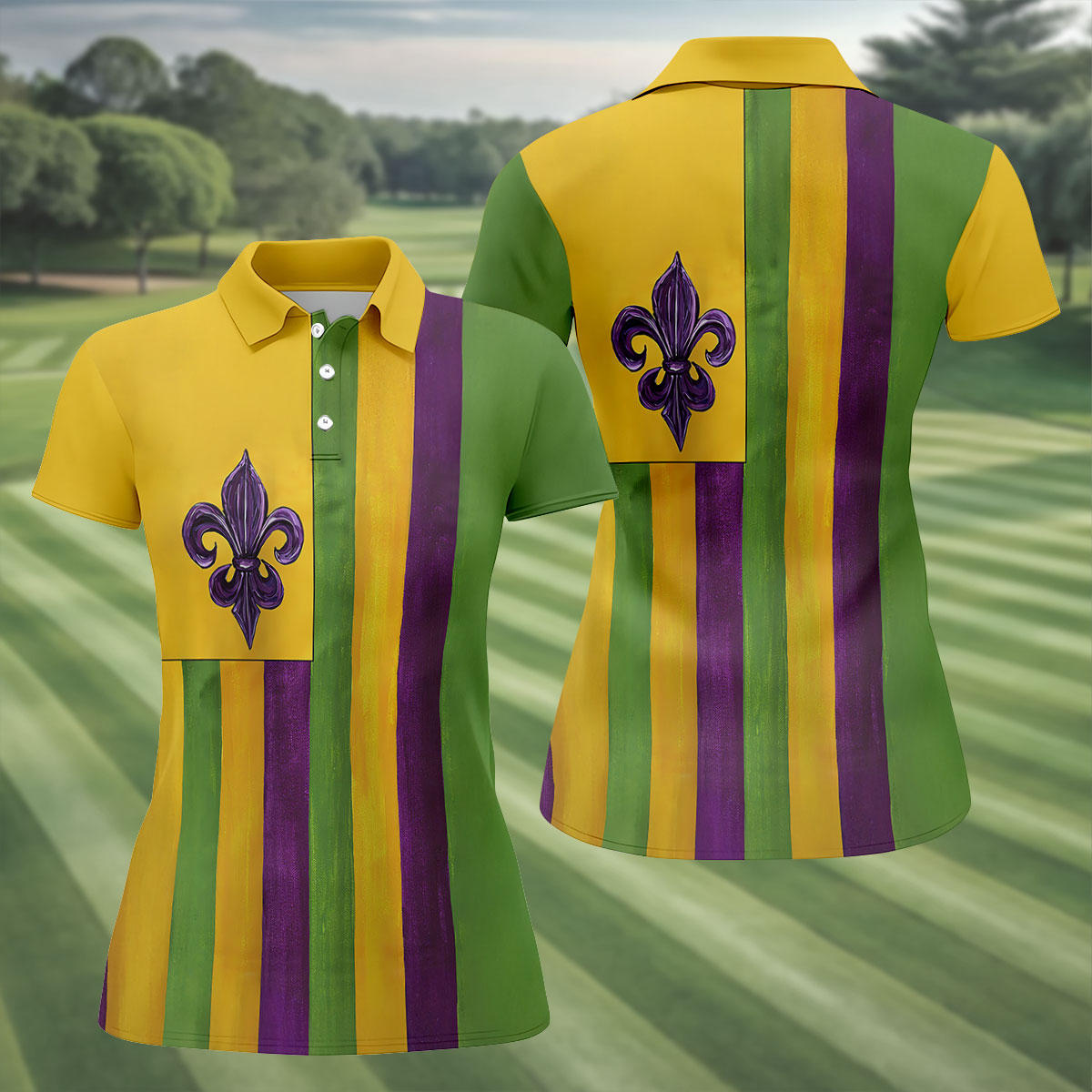 Purple Green Gold Vertical Stripes Fleur De Lis Flower Mardi Gras Golf Shirt, Women's Golf Tops, Ladies Golf Shirt