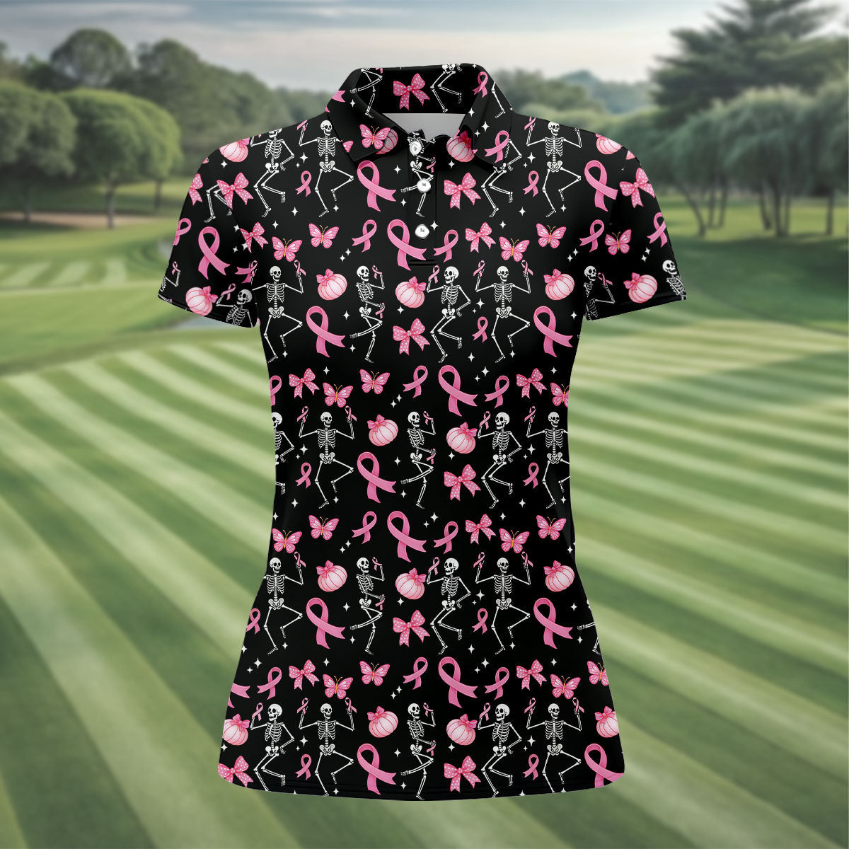 Funny Skeleton Breast Cancer Women's Golf Shirt, Breast Cancer Awareness Shirt, Golf Gift For Women, Ladies Golf Shirt