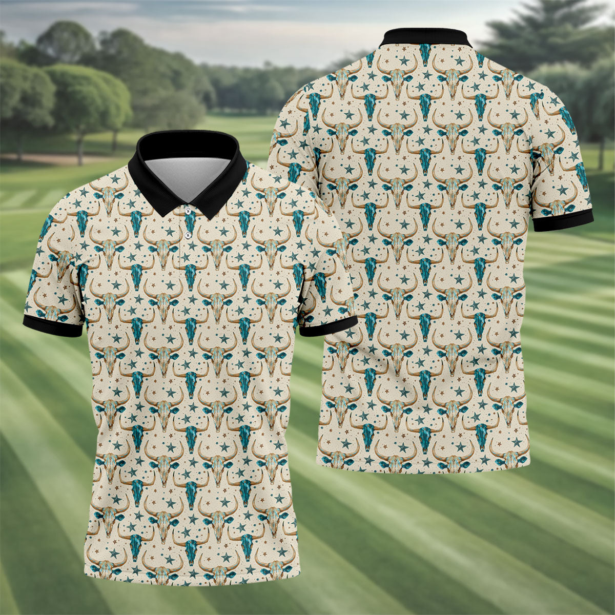Cow Skulls Turquoise And Beige Western Theme Golf Tops For Men, Polo Shirtor Men, Golf Shirts For Men