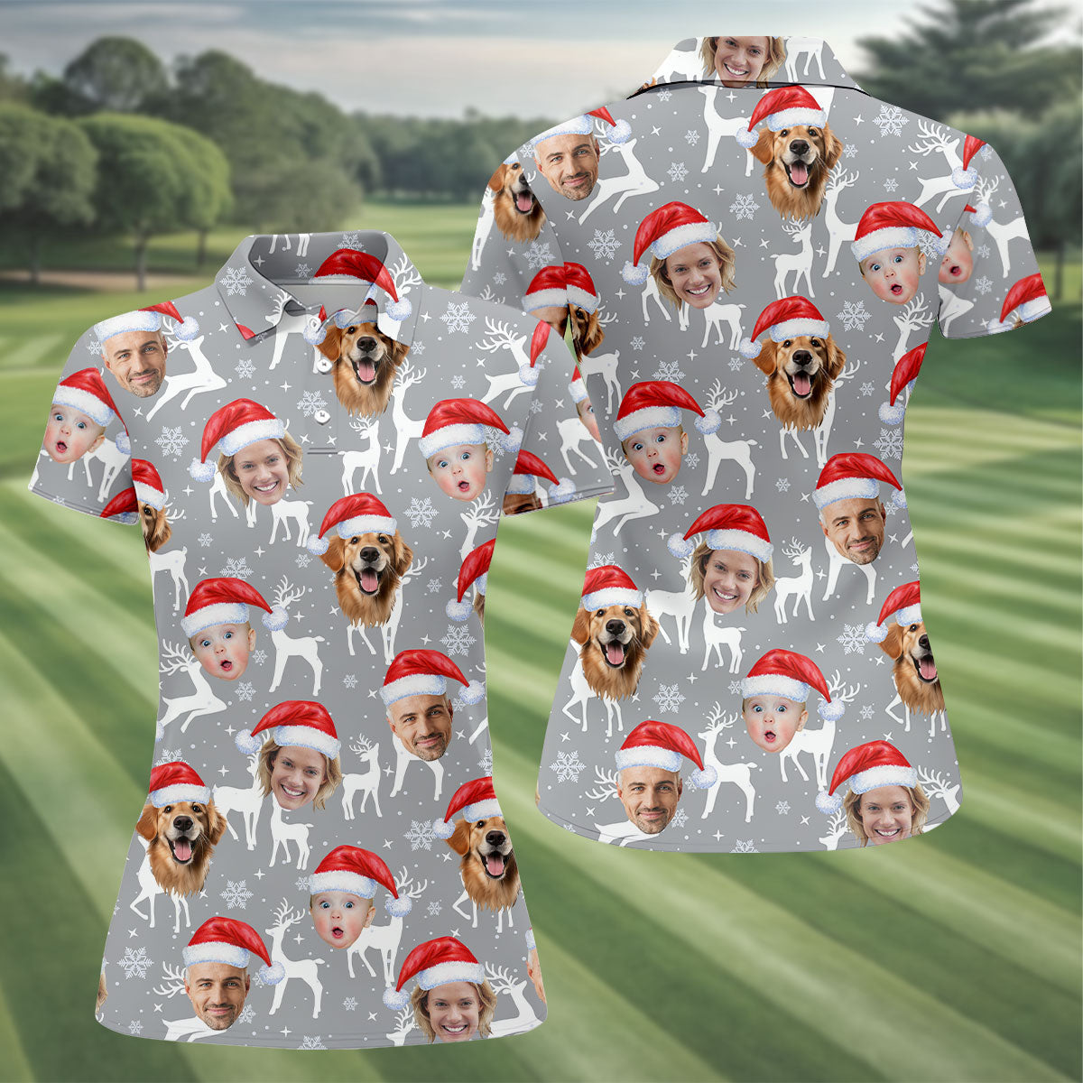 Custom Face Snow Reindeer Grey Golf Shirt, Christmas Golf Shirt, Ladies Golf Shirts, Golf Gifts For Women