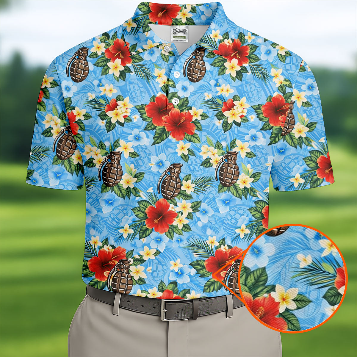 Floral Pattern Army Theme Hawaiian Blue Golf Shirt, Men's Golf Polo ShirtShirts For Men